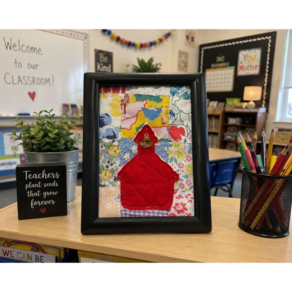 Upcycled Teacher Gift little red schoolhouse vintage quilt block in 5x7" frame